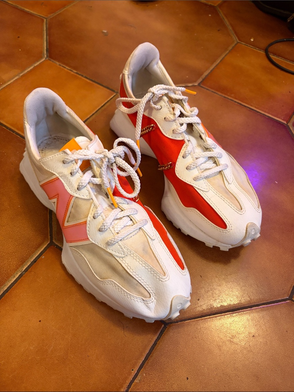 New Balance Women's White Sneakers with Red and Pink Accents